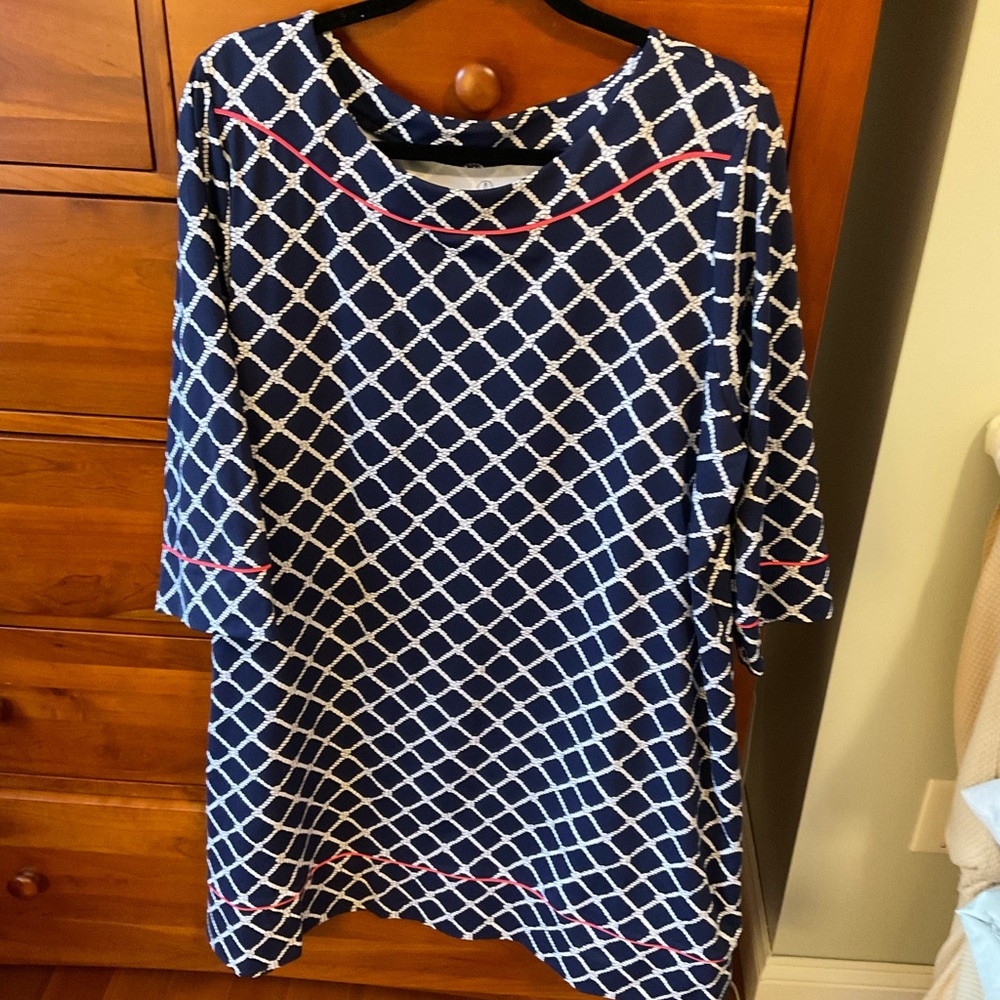 Lands' End Navy and White Lattice Tunic Dress/ Swim Cover UPF 50 2x
